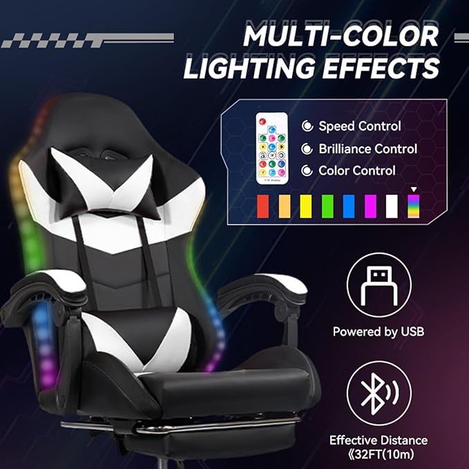 Gaming Chair Computer Chair with Footrest and Lumbar Support &amp LED Height Adjustable Game Chair with 360°-Swivel Seat and Headrest and for Office or Gaming