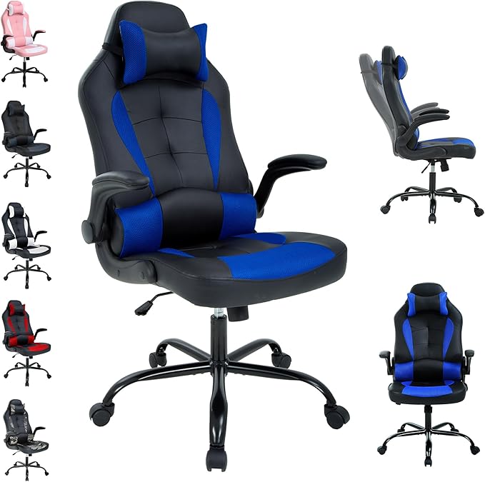 Computer Gaming Chair Video Game Chair for Adults Ergonomic PU Leather Gaming Office Chair Adjustable Armrest PC Gamer Chair Blue