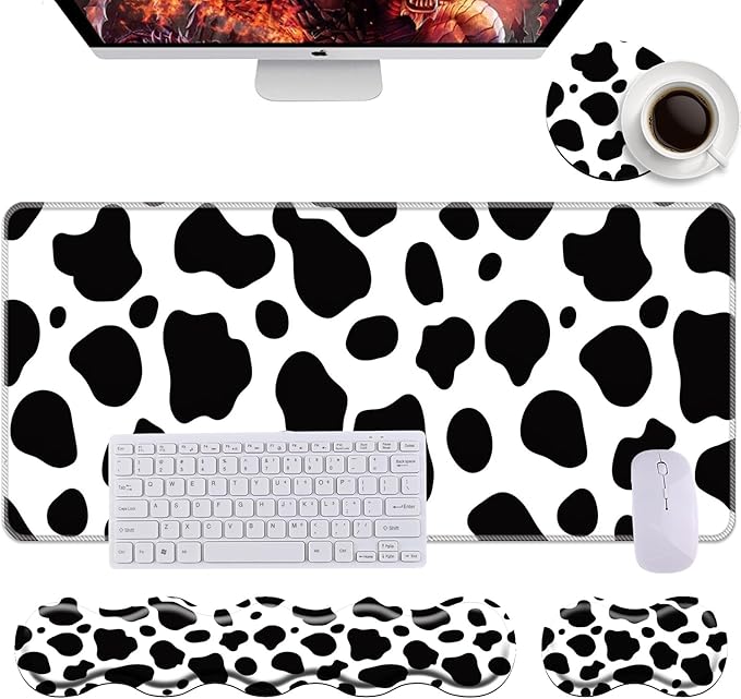 Keyboard Wrist Rest+Mouse Wrist Pad+Desk Pad SetMemory Foam Ergonomic Easy Typing Pain Relief for Computer Laptop Office Home - Cow Pattern