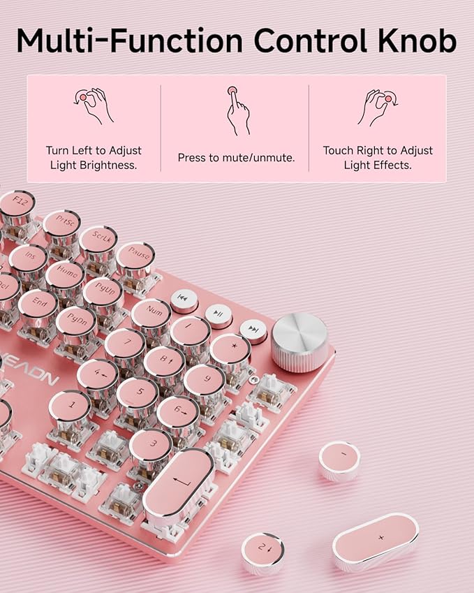 EWEADN Typewriter Style Mechanical Keyboard Wired Typewriter Keyboards104 Keys Backlit LED Metal Keyboards Media Control Knob Wired Computer Keyboard White Switch for Windows/Mac/PC-Dark Pink