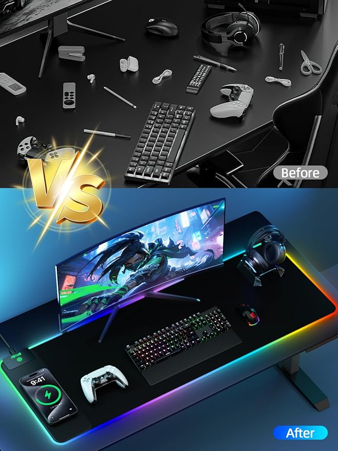 Magnetic Charging Mouse Pad 31.5x11.81 Inch XL Gaming Mousepad 11+5 RGB Lighting Modes Home Office Large Desk Pad with Ultra-Smooth Surface Non-Slip Waterproof Keyboard Pad Classic Black Desk Mat