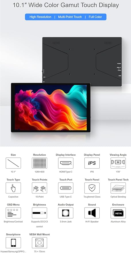 10.1inch 1280×800 IPS Capacitive Touch Display for Raspberry Pi 5/4B/3B/Zero/Zero W/Zero 2W/Pico/Pico W/Pico WH Jetson Nano VisionFive2 PC and Smartphone (10.1HP-CAPLCD Monitor)