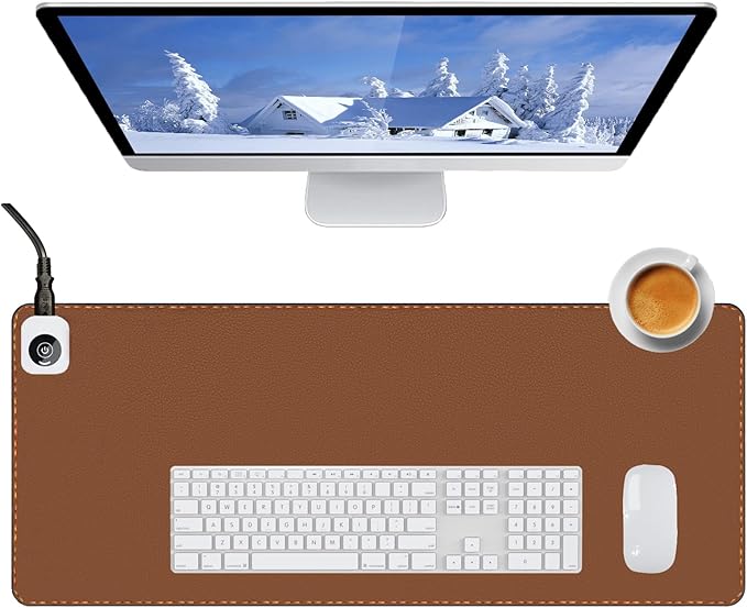 Heated Desk Pad Mouse Pad - Heated Desk Mat - Warm Desk Pad - 3 Levels Heating &amp 4 Hours Auto Shut-Off PU Leather Mouse Pad - 31.5 x 13 inch (Brown)