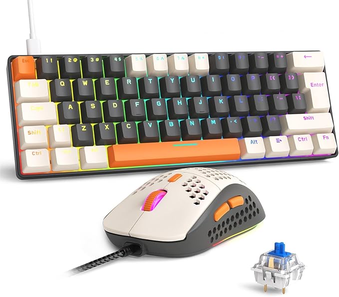 RK-T60 Wired 60% TKL Mechanical Gaming Keyboard Led Rainbow Backlight Ultra-Compact NKRO Linear Red Switch ABS Keycap RGB Honeycomb Mice Coiled Aviator Cable for Windows Laptop PS4/PC/WIN Gamer