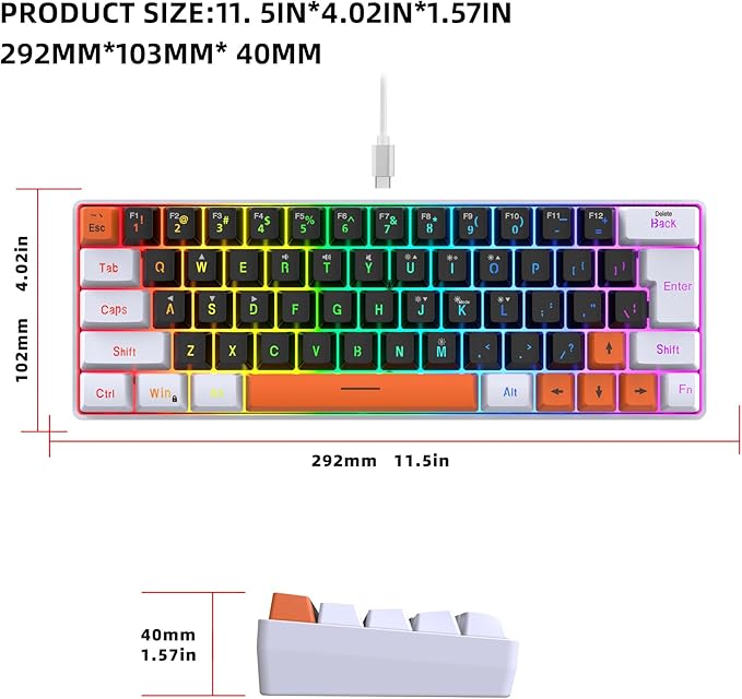 Snpurdiri 60 Percent Wired Gaming Keyboard 63 Keys RGB Backlit Small Gaming Keyboard for PC Gamer Typist Travel Easy to Carry on Business Trip(Black-White-Orange)