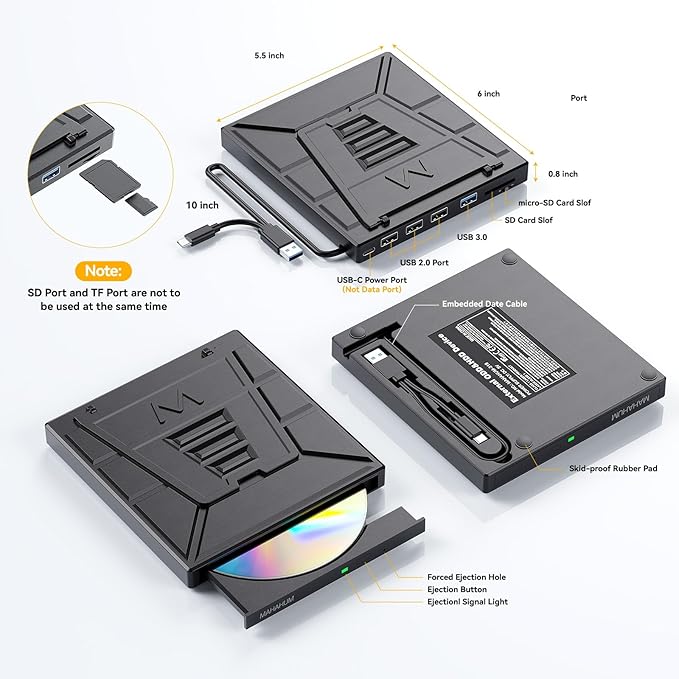 9-in-1 External CD/DVD Drive with Phone Holder USB 3.0 &amp Type-C Portable DVD±RW/CD Burner Plug and Play Optical Drive Compatible with Laptop PC Desktop Windows 11/10/8/7 Mac Linux