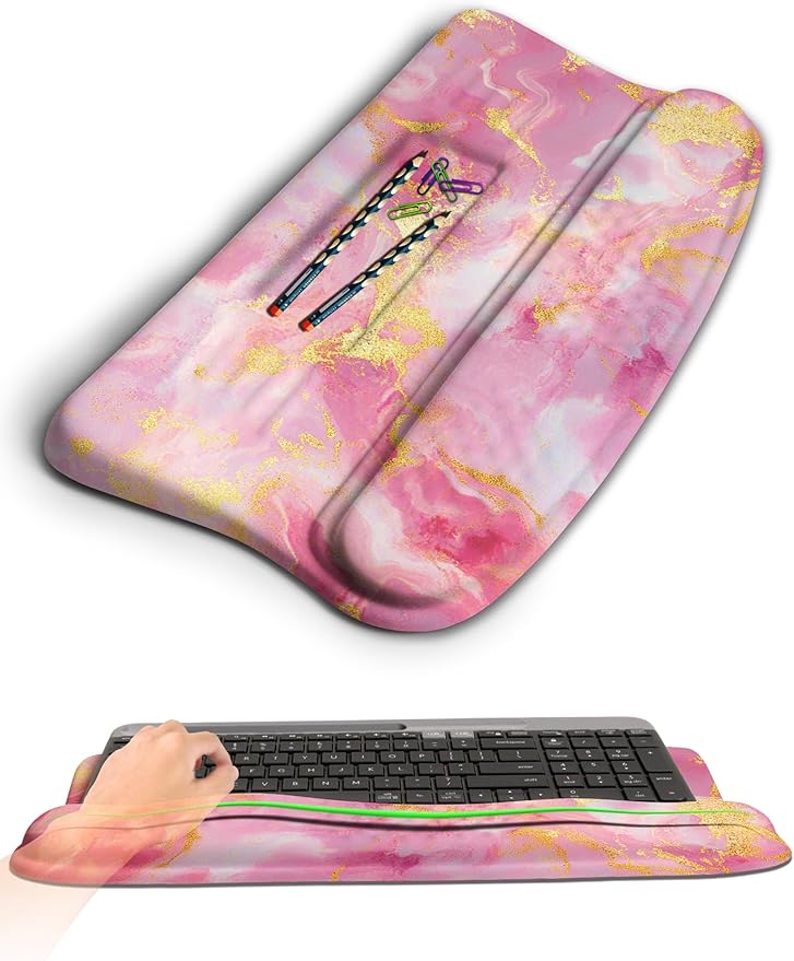 Ergonomic Wave Wrist Rest with Keyboard Stand Cushioned Palm Rest Comfortable Integrated Memory Foam for Natural Typing and Relieve Wrist Pain Pink Gold Marble