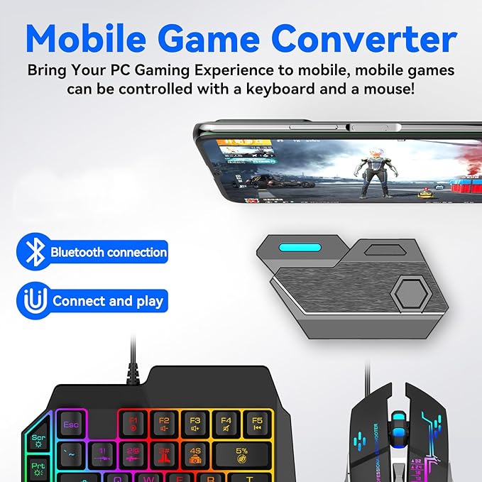 One Handed Gaming Keyboard and Mouse Combo RGB Rainbow Backlit 35 Keys Half Hand Gaming Keyboard and Mouse Set with Wrist Rest Support and Converter for