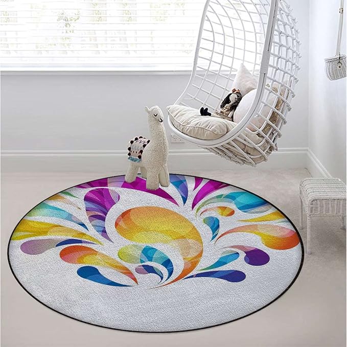 Colorful Round RugPrint Carpet for Bedroom Living Room Office Home Decor Mat Raindrops in Different Size in Gradient ColorsOrange Blue Diameter 35.5 in