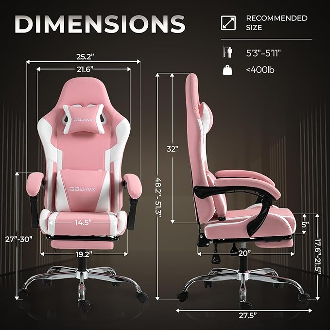 Pink Gaming Chair with Footrest and Massage Lumbar Support Ergonomic Reclining Computer Chair 330lbs with Adjustable Height and Headrest Pillow Cute Aesthetic Esports Chair for Girls Pink