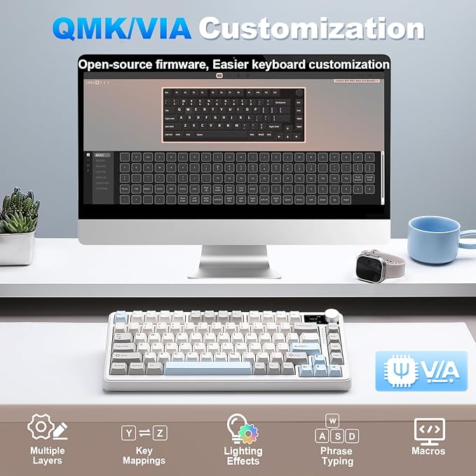 YUNZII B75 PRO MAX QMK/VIA Wireless Mechanical Keyboard75% Layout with Screen and KnobCustom Hot Swap GasketCreamy Pre-lubed SwitchesBluetooth/Type-C/2.4G for Win/Mac (BeigeCocoa Cream V2 Switch)