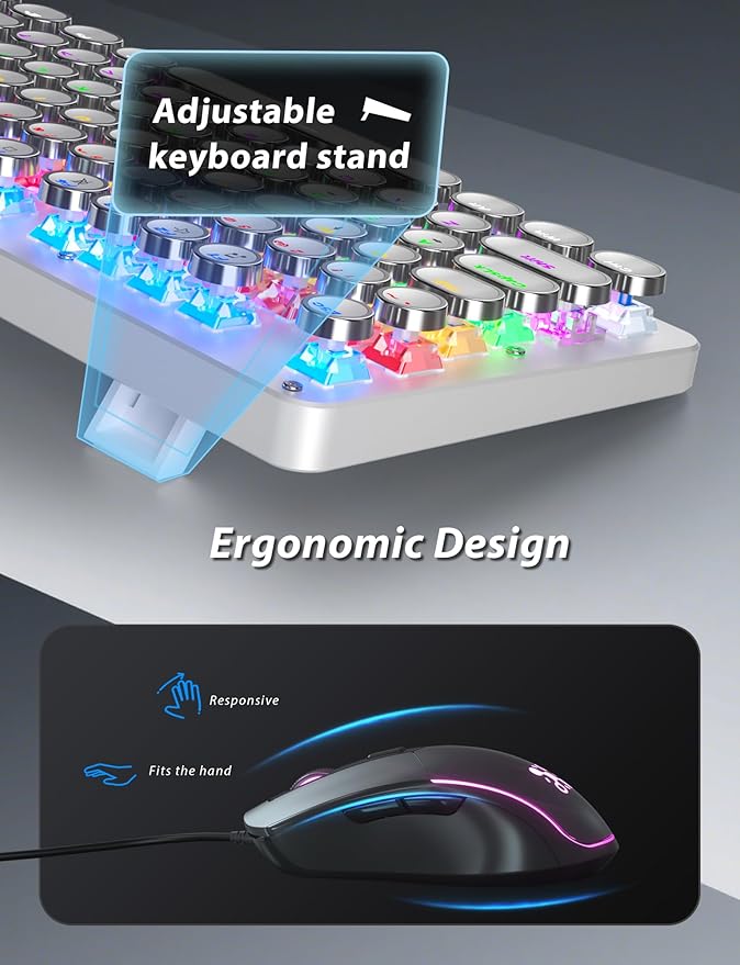 Typewriter Mechanical Gaming Keyboard and Mouse Metal Panel Retro Keyboards with Round Keycap Blue Switch Rainbow LED Backlit 104-Key Anti-Ghost Wired Mouse and Pad Combo for PC Laptop Mac Gamer