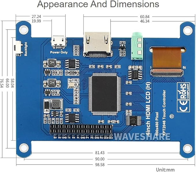 waveshare 4inch Resistive Touch Screen LCD Compatible with Raspberry Pi 4B/3B+/3A+/2B/B+/A+/Zero/Zero W/WH/Zero 2W CM3+/4 480×800 Resolution HDMI IPS Supports Windows