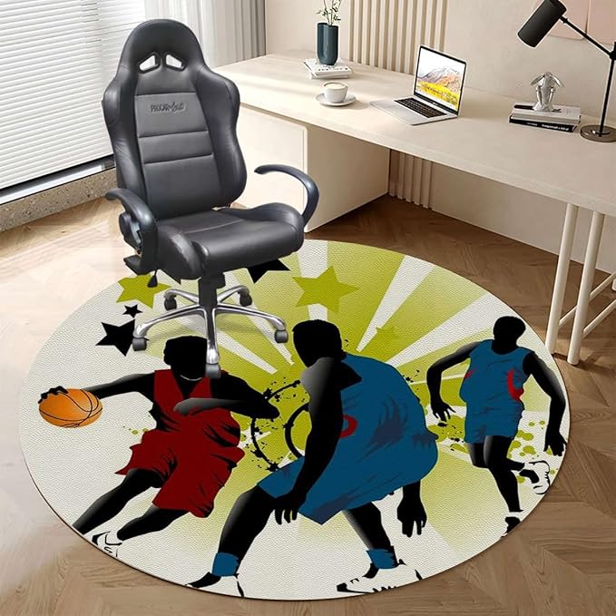 Black Green PU Leather Office Chair Mat for Hardwood Floor Anti-Slip Desk Chair Mat Basketball Player Silhouette Desk Chair Mats Low-Pile Carpet Anti-Slip Floor Protector Rug Diameter 35.4 in