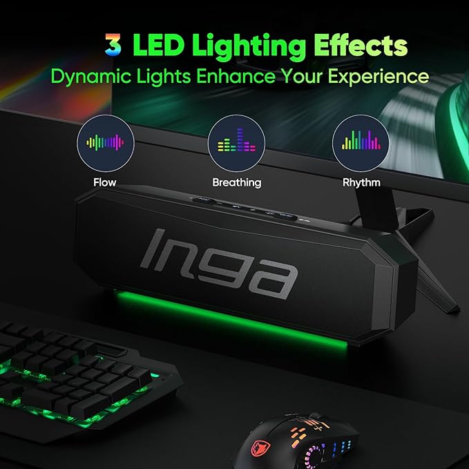 INGA Bluetooth Computer Speakers USB Powered PC Speakers Dual Gaming and Music Modes Plug-and-Play Colorful LED Lights Compatible with Desktops Laptops Phones and Tablets