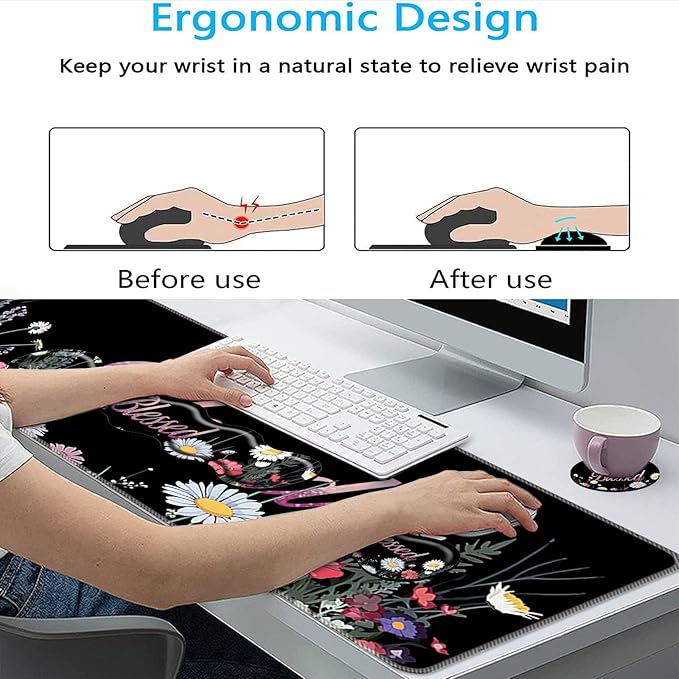 Keyboard Mouse Pad SetLarge Mouse Pad+Keyboard Wrist Rest+Wrist Support+Coaster31.5x11.8in Extended Desk Mat for Computer Laptop Office Home-Florid Blessed