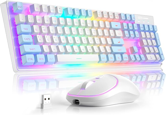 MageGee V550 Wireless Gaming Keyboard and Mouse 2.4G Full-Sized RGB LED Computer Keyboards with Transparent Shell Rechargeable Quiet Cordless Mouse &amp Keyboard Combo for Laptop/PC (Blue &amp Whi