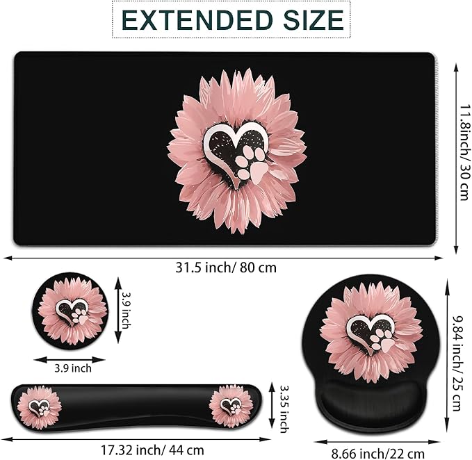 Large Mouse Pad Ergonomic Mouse Pad with Wrist Rest and Keyboard Wrist Rest 4 in 1 Set 31.5 x11.8 inch Extended Desk Pad for Home Office Cute Pink Sunflower Pattern XXL Black Gaming Mouse Mat