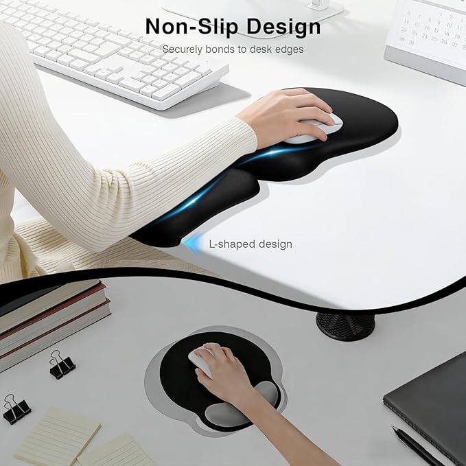 Ospelelf Mouse Pad with Wrist Rest Set Foam L-Shaped Desk Elbow Pad Ergonomic Desk Edge Cushion Anti-Slip Rubber Bottom Office Women Desk Accessories for Computer Laptop and Gaming Black