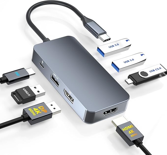 4K@60Hz HDMI Display Port USB C Docking Station Dual Monitor for Dell/HP/Mac Laptop 7 in 1 USB C to HDMI and Displayport Multiport Adapter with USB3.0/USB-C Data/PD Dual Monitor Docking Station