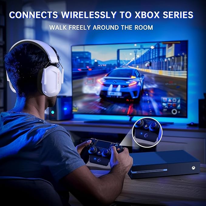 RYR Wireless Gaming Headset for Xbox Series X|S Xbox One PC PS5/4 Mac Mobile Switch 3D Surround Sound Bluetooth 5.3 60H Battery Gaming Headphones with Detachable Noise Canceling Mic-White