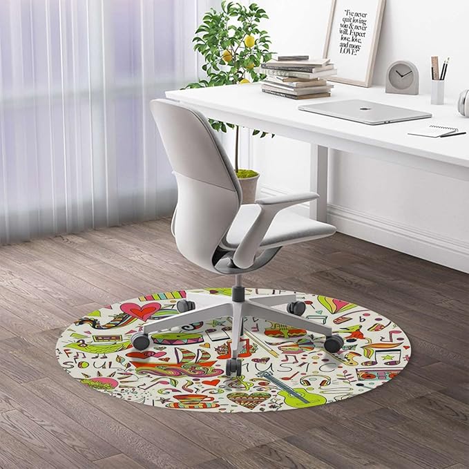 Multicolor PU Leather Office Chair Mat for Hardwood Floor 70s Party Peace Sign Under Desk Low-Pile Office Rug Large Anti-Slip Multi-Purpose Colorful Diameter 47.2 in
