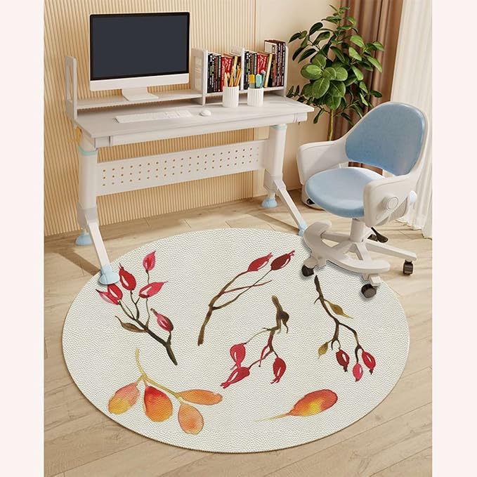 Purplegrey Red PU Leather Round Desk Chair Mat Floral Autumn Flowers Colors Leaf Anti Slip Floor Protector for Home Office Modern Art Diameter 39.4 in