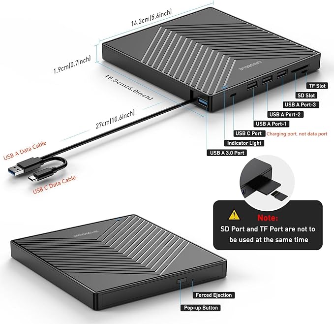 External CD DVD Drive Ultra Slim CD Burner USB 3.0 with 4 USB Ports and 2 TF/SD Card Slots Optical Disk Drive for Laptop Mac PC Windows 11/10/8/7 Linux OS