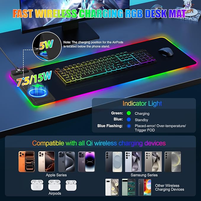 RGB Mouse Pad with Foldable Phone Stand &amp Wireless Charger 31.5x11.8 XL Gaming Mousepad Large Desk Mat Desk Pad with Dual Charging for Phone &amp AirPods | 11 Colors &amp 5 Modes | Waterproo
