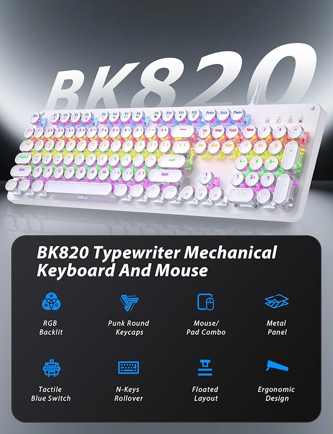 Typewriter Mechanical Gaming Keyboard and Mouse 104-Key Full Size Retro Keyboards Metal Panel Punk Round Keycap Clicky Blue Switch with RGB Backlit Mouse and Pad Combo for PC Laptop Mac Gamer White