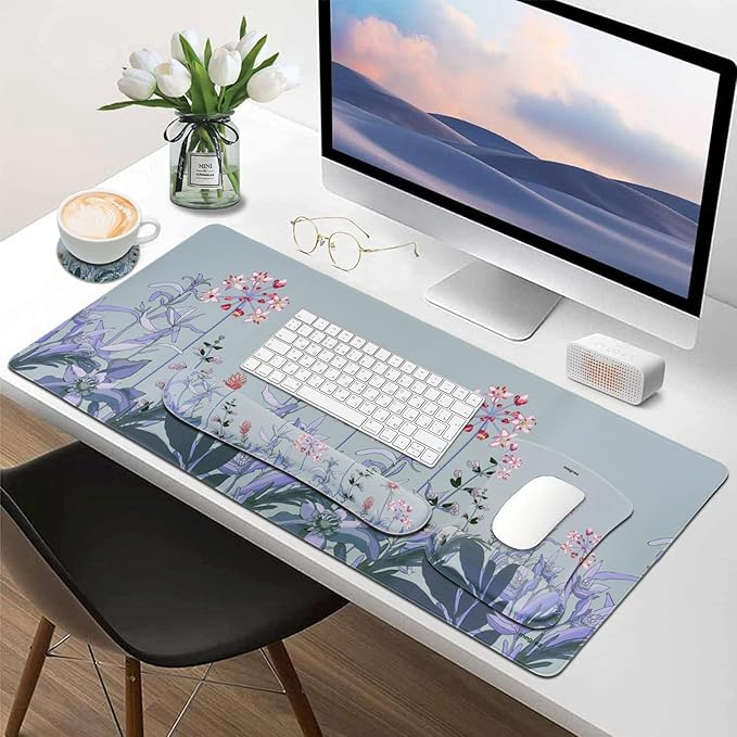 MEGREZ 4-in-1 Ergonomic Memory Foam Wrist Rest Set Desk Pad Mouse Pad with Wrist Rest Keyboard Pad Suitable for Office Workers Programmers &amp Gamers–Relieve Typing &amp Gaming Fatigue Blue G
