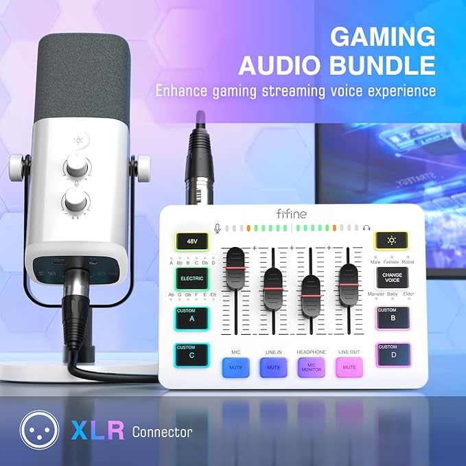FIFINE Gaming Equipment Bundle XLR/USB Streaming Dynamic Microphone with Audio Mixer Set Podcast Recording Mic with Gain Knob PC Mixer with Slider Fader Kit for Video Game Voice-Ampligame KS5W