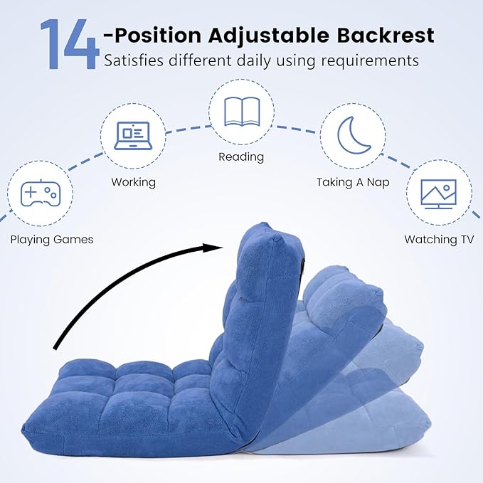 MAT EXPERT Floor Chair with Back Support Floor Gaming Chair w/ 14 Adjustable Position Soft Coral Fleece&ampAlloy Steel Frame Foldable Padded Lazy Couch Recliner for Meditating (Blue Large)