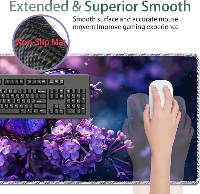 Large Gaming Mouse Pad + Keyboard Wrist Rest + Wrist Support + Coaster Set Memory Foam Ergonomic for Easy Typing XXL Extended Gaming Mouse Pad Table Pad - Purple Butterfly