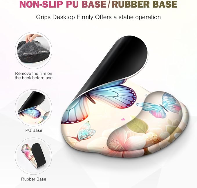 Gaming Mouse Pad Large Desk Mat Cute Desk Pad Protector 4in1 XXL Mousepad + Keyboard Wrist Rest+Mouse Wrist Rest+Coaster Set with Ergonomic Desk Pad for Home Office PC Computer Butterflies Flowers