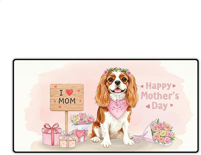 Happy Mother's Day Cavalier King Charles Spaniel Love Dog Mom Heart Flower Desk Mat Full Keyboard Mouse Pad Dog Lover Gifts Large Mousepad 12004
