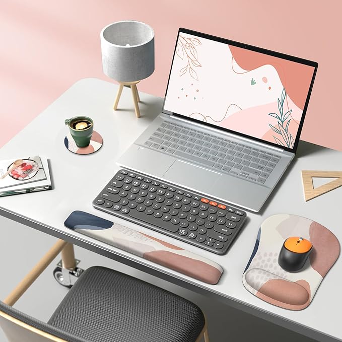 HAOCOO 4 in 1 Mouse Pad with Wrist Rest Set Desk MatGaming Mouse Pad Wrist Support and Keyboard Wrist RestNon Slip Keyboard Mat for Home OfiicePink Boho