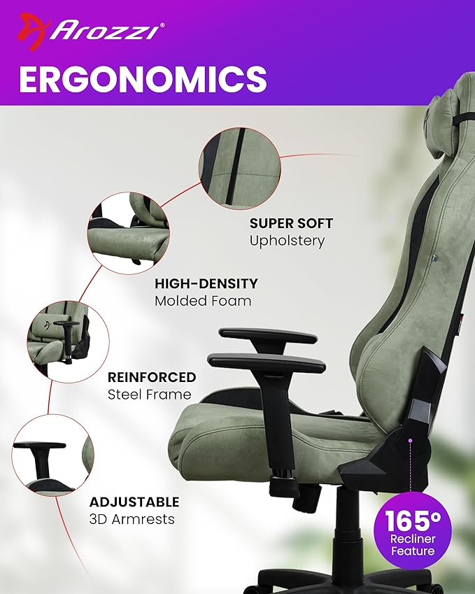 Arozzi Torretta Gaming Chair - Super Soft Ergonomic Gaming Chairs for Adults Adjustable Backrest with Neck &amp Lumbar Pillows - Swedish Design Home Office setup Professional Computer Chairs Forest