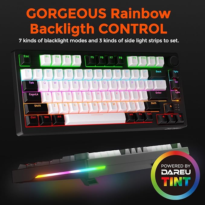 DAREU EK75 Wired Mechanical Keyboard75% Keyboard with Volume KnobGasket Mount Mechanical Gaming Keyboards81 Keys Rainbow BacklitPBT KeycapsLinear Dream Switch for PC Laptop Windows(Black-White)
