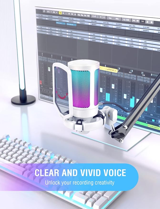 FIFINE AmpliGame USB Microphone PC Gaming Recording Desktop Laptop Mic RGB Streaming Podcasting Condenser Mic for Online Game Vocal with Mute Button Gain Knob Tripod Stand-A6V White