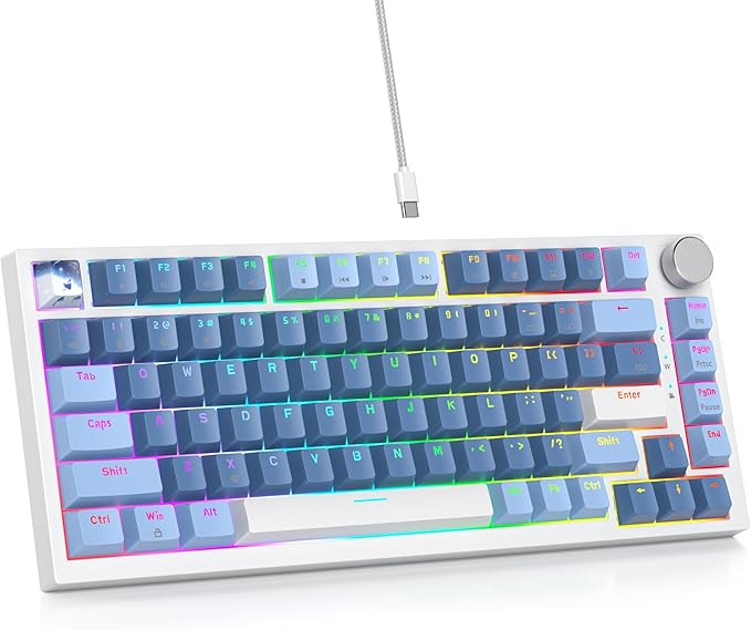 Guffercty kred 75% Percent Blue Keyboard Gasket Mount with Knob Hot-swappable RGB Wired Mechanical Gaming Keyboard Programmable for Mac/Win (82 Sea Fog Blue)