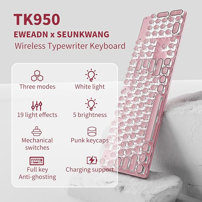 TK950 Wireless Typewriter Keyboard and Mouse Combo 104 Keys Retro Typewriter Mechanical Keyboard with White Backlit Anti-Ghosting Blue Switch Bluetooth/2.4G/Wired Cute Gaming Keyboards-Pink