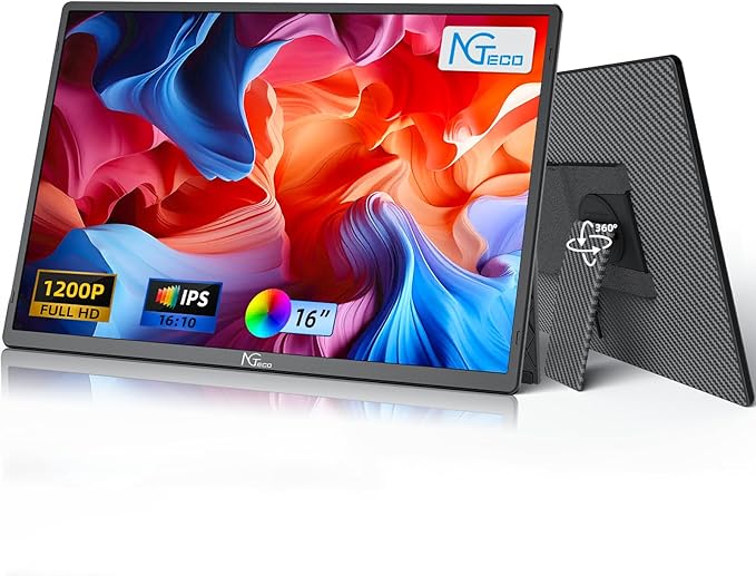 NGTeco 16 Extended Monitor Portable 1200P IPS 360° Foldable Stand USB-C HDMI Plug&ampPlay Built-in Speakers Laptop Screen Extender for PC/Mac/Phone/Xbox/Switch