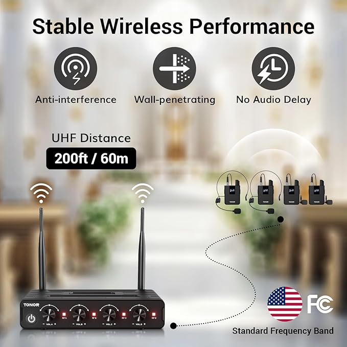 TONOR Wireless Microphones System with UHF Headset/Lavalier Lapel Mics Bodypack Transmitter Receiver 4 * 10 Channels 60 m/200ft Range for Church Conference Performance Singing Karaoke PA Speaker