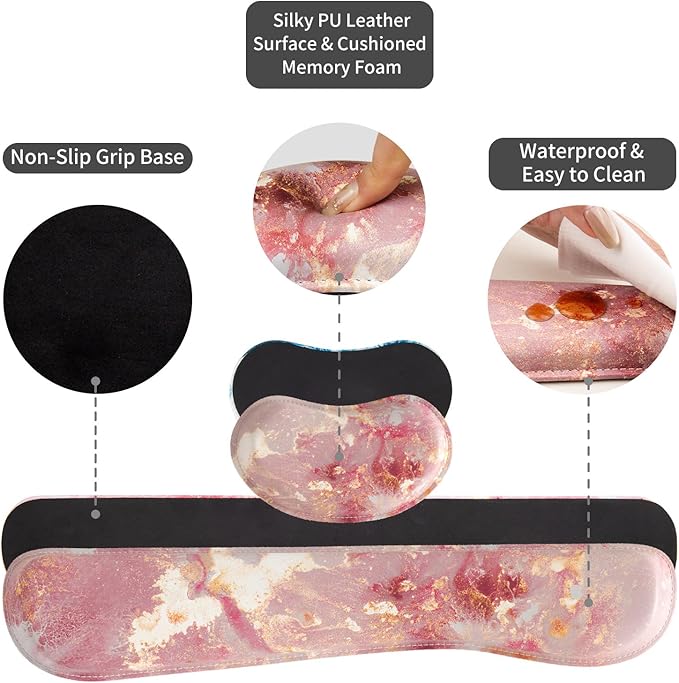 QiyI Leather Desk Mat Set 4-in-1 Large Mouse Pad with Wrist Rest Non-Slip Desk Pad + Keyboard Wrist Rest + Mouse Wrist Support + Coaster Office Desk Accessories Home Decor Supplies Pink Marble