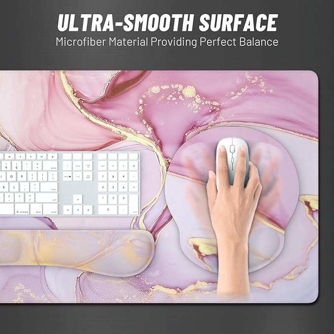 Ovenbird Mouse Pad Set 4-in-1 | Large Gaming Mousepad Keyboard Wrist Rest Mouse Wrist Support Coaster | Ergonomic Office Desk Mat Accessories for Women Men | 4PCS 35.4 x 15.7in Pink Marble