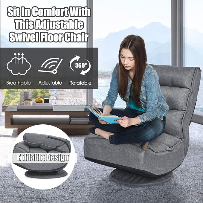 Giantex 360 Degree Swivel Floor Chair Folding Floor Gaming Chair with 6 Positions Adjustable Lazy Sofa Lounge Chair w/Tufted Back Support Video Gaming Chair for Reading TV Watching (Gray)