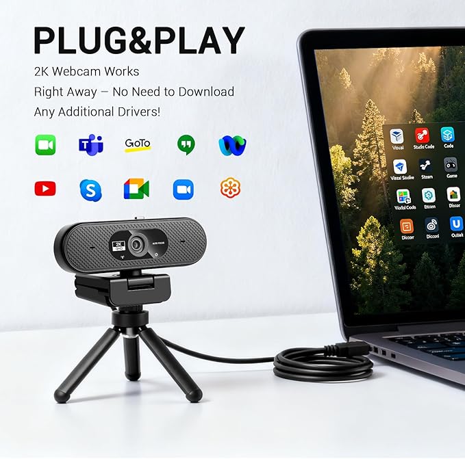 Hprosper 2K Webcam with Microphone Automatic Light Correction &amp Privacy Cover Wide Angle USB Camera for PC Laptop Mac Zoom Gaming Streaming Conference Room Video Conferencing