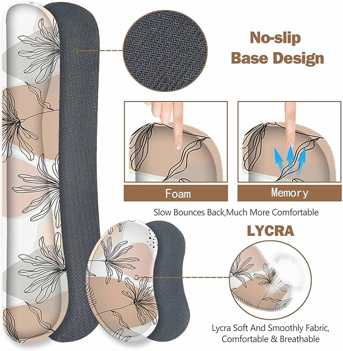 ToLuLu Extended Gaming Mouse Pad Memory Foam Ergonomic Keyboard Mouse Wrist Rest Support Set Large Desk Mat with Stitched Edges Non-Slip Base Mousepad for Home Office and Game Morandi Leaves