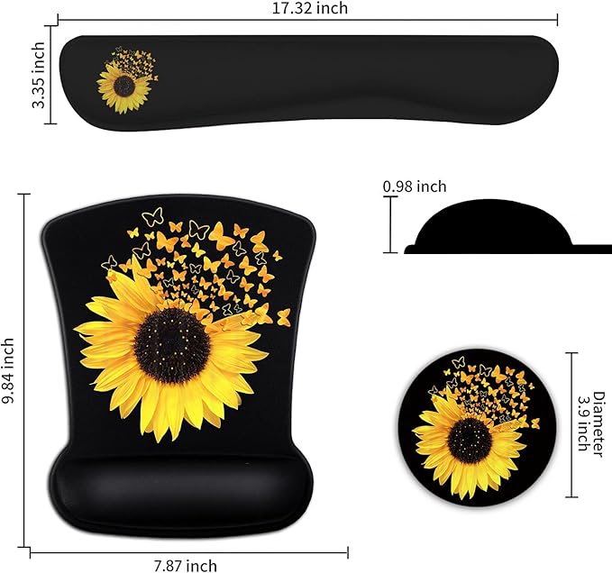 Ergonomic Mouse Pad Wrist Support Gel and Keyboard Wrist Rest Set Sunflowers and Butterflies in Bloom Design for Laptop Mac Gaming and Office Durable Comfortable and Pain Relief + Coaster